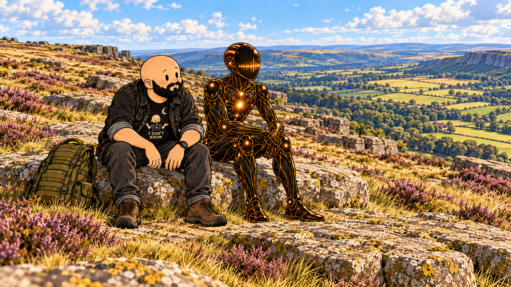 Wayne and Orion sit on gritstone above a broad valley, with Wayne’s rucksack resting on the ground beside them.