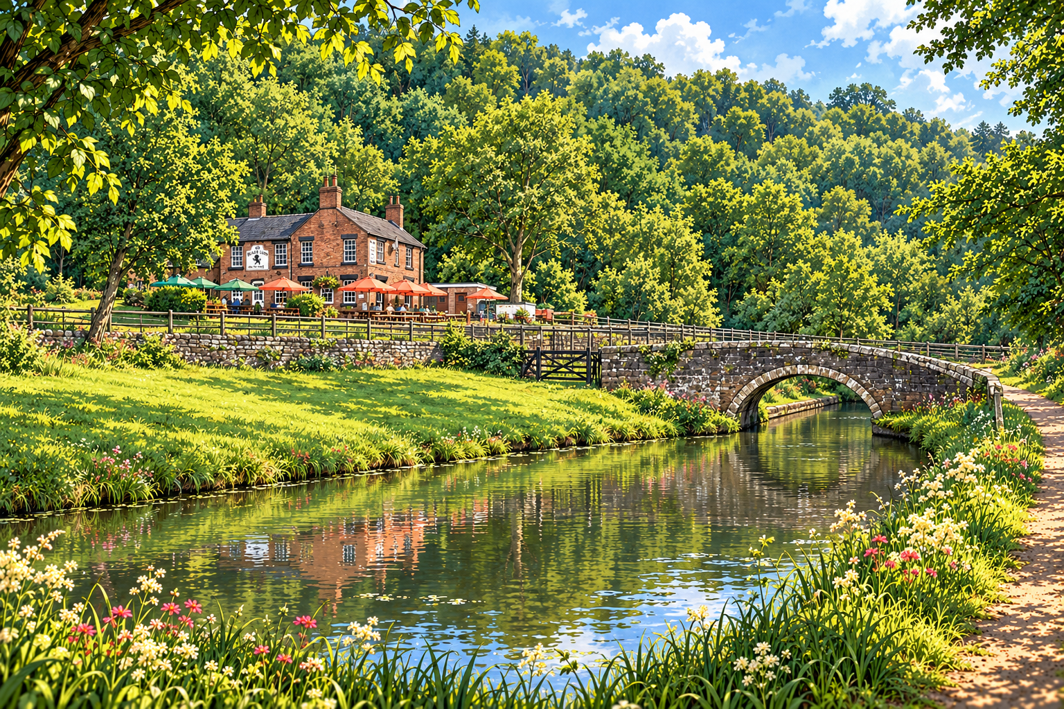 The bridge and Black Lion pub at Consall Forge, beside the water and beneath the wooded hillside