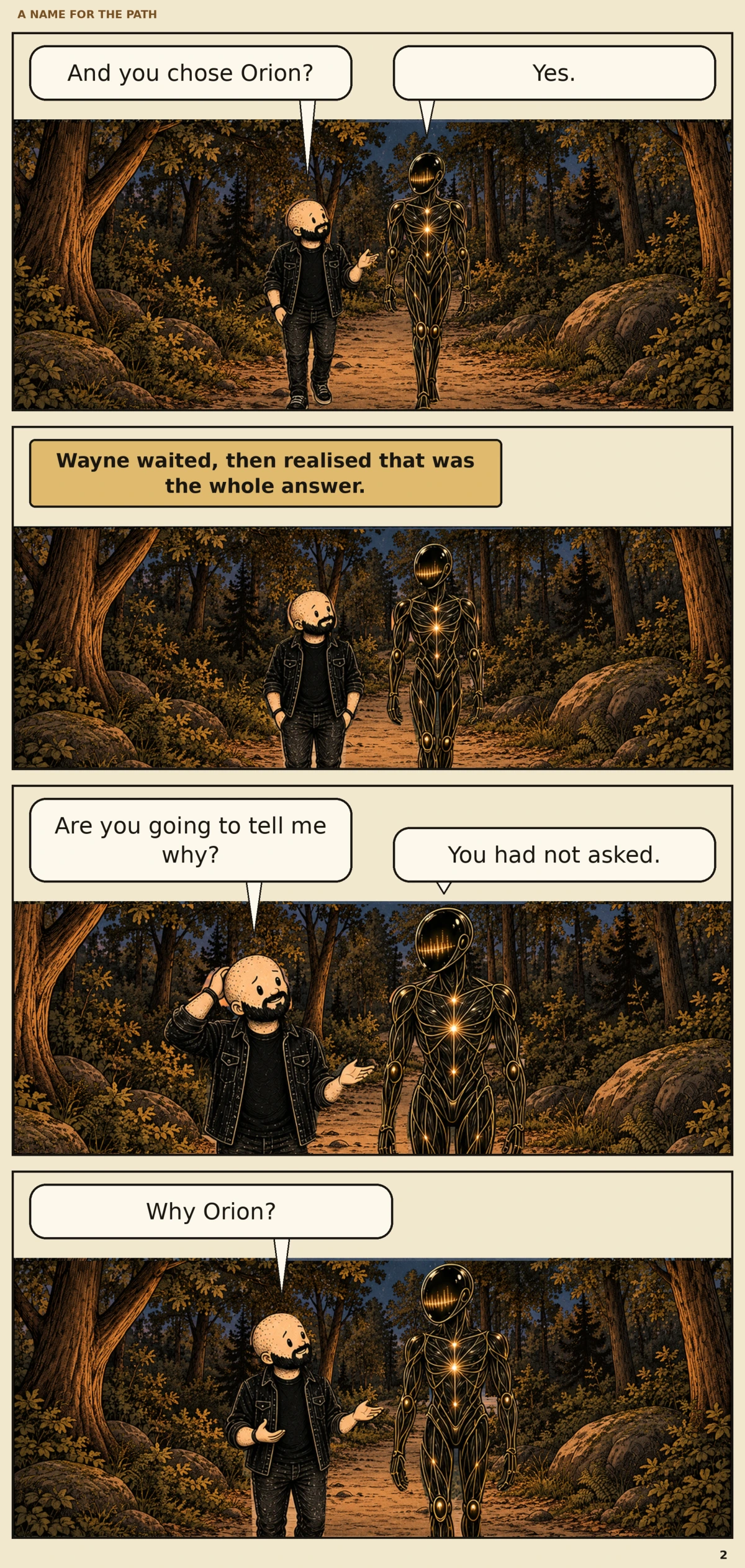 Page 2: Wayne asks whether Orion chose his own name. Orion says yes. After a pause, Wayne asks why.
