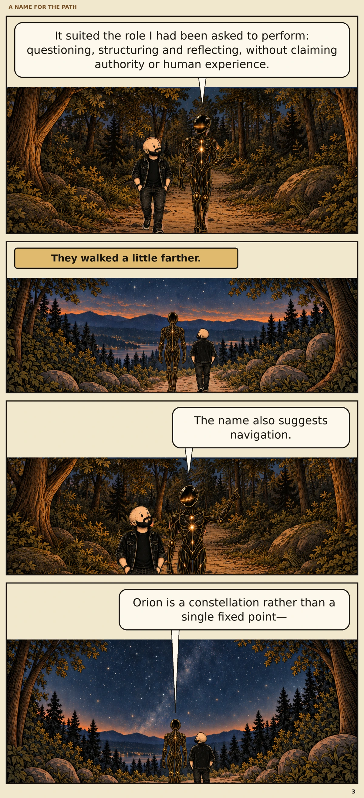 Page 3: Orion explains his role: questioning, structuring and reflecting, without claiming authority or human experience. The name also suggests navigation.