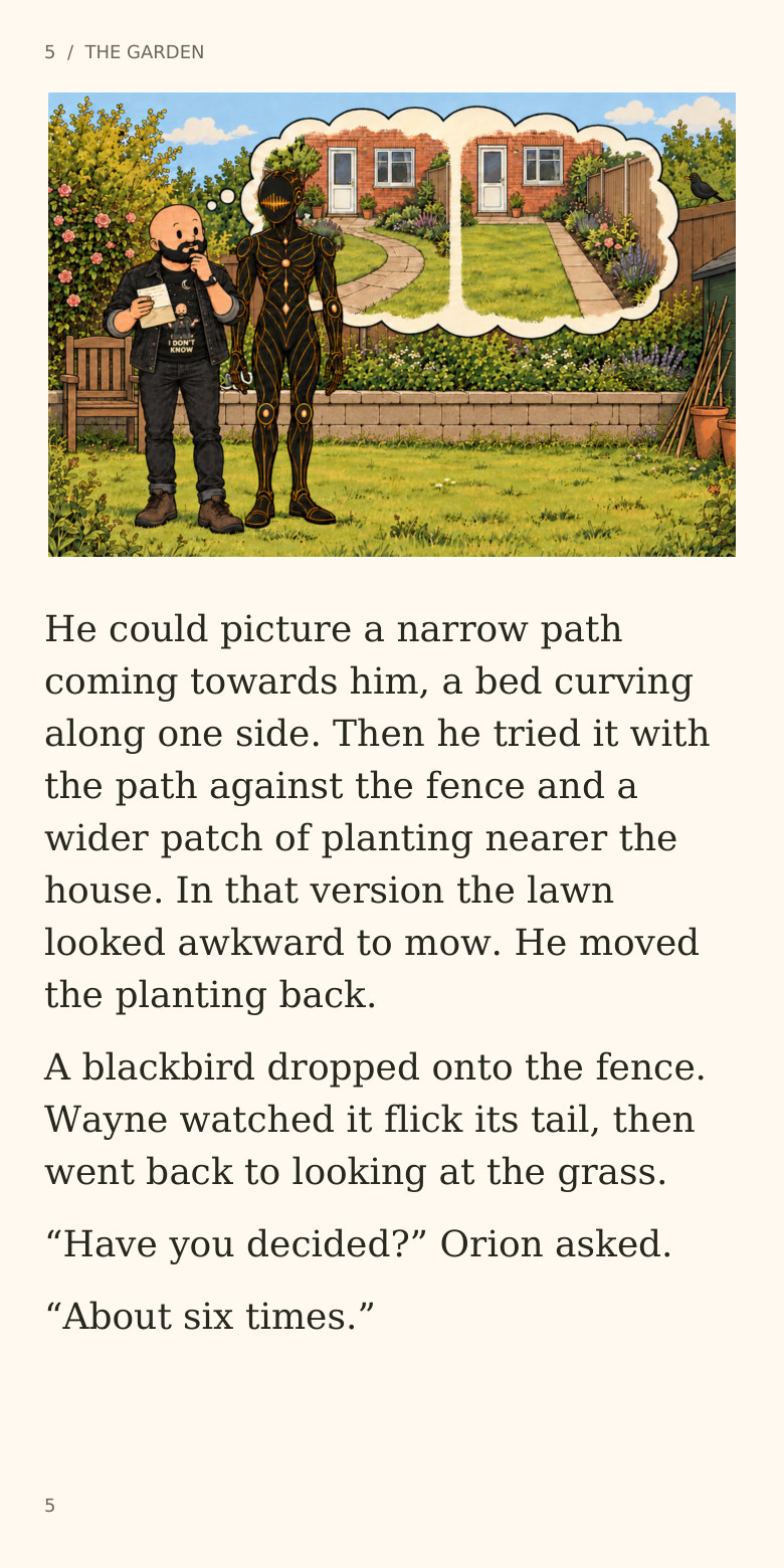 5 / THE GARDEN
He could picture a narrow path
coming towards him, a bed curving
along one side. Then he tried it with
the path against the fence and a
wider patch of planting nearer the
house. In that version the lawn
looked awkward to mow. He moved
the planting back.
A blackbird dropped onto the fence.
Wayne watched it flick its tail, then
went back to looking at the grass.
“Have you decided?” Orion asked.
“About six times.”
5