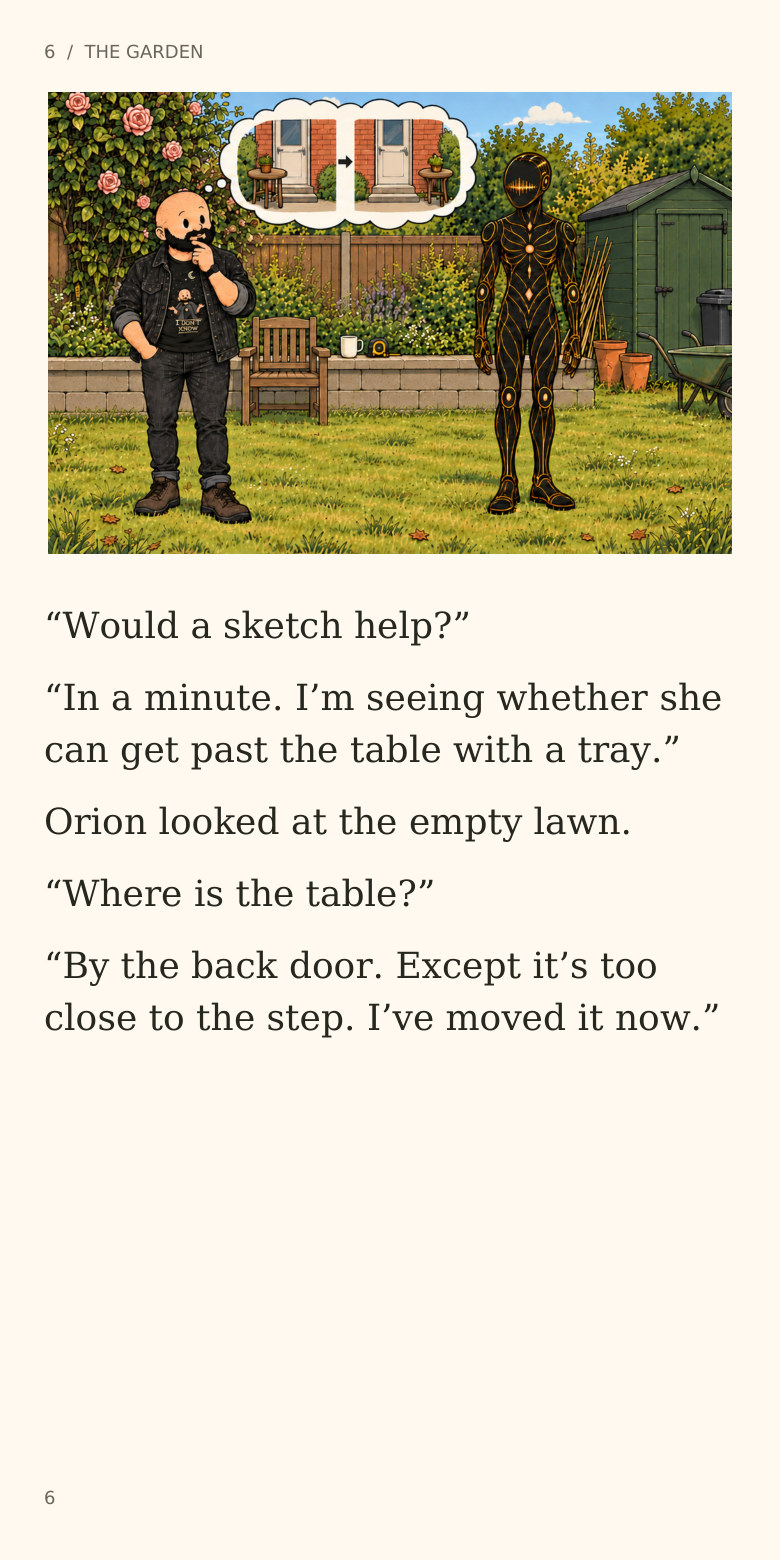 6 / THE GARDEN
“Would a sketch help?”
“In a minute. I’m seeing whether she
can get past the table with a tray.”
Orion looked at the empty lawn.
“Where is the table?”
“By the back door. Except it’s too
close to the step. I’ve moved it now.”
6