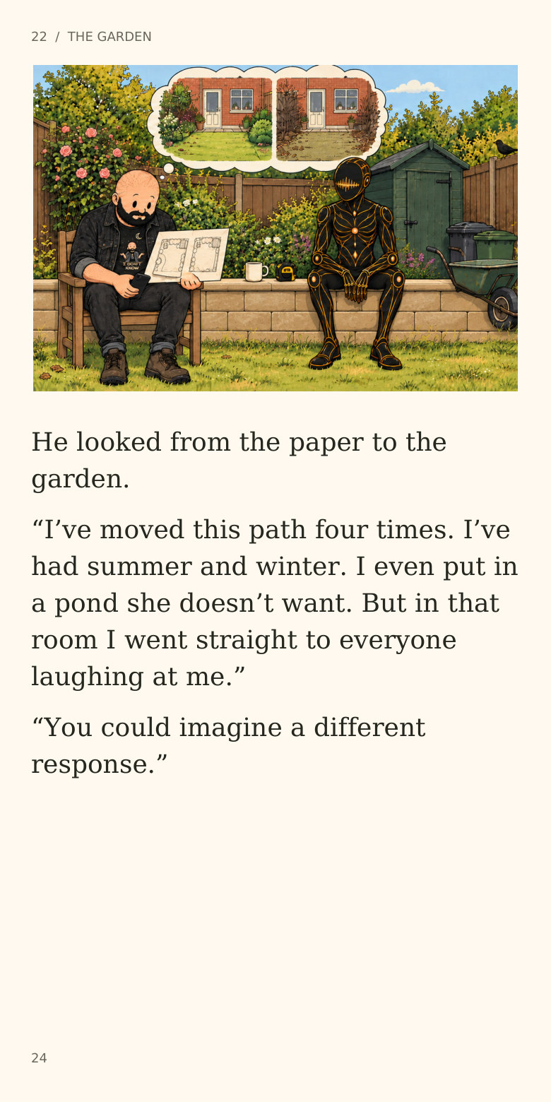 22 / THE GARDEN
He looked from the paper to the
garden.
“I’ve moved this path four times. I’ve
had summer and winter. I even put in
a pond she doesn’t want. But in that
room I went straight to everyone
laughing at me.”
“You could imagine a different
response.”
24