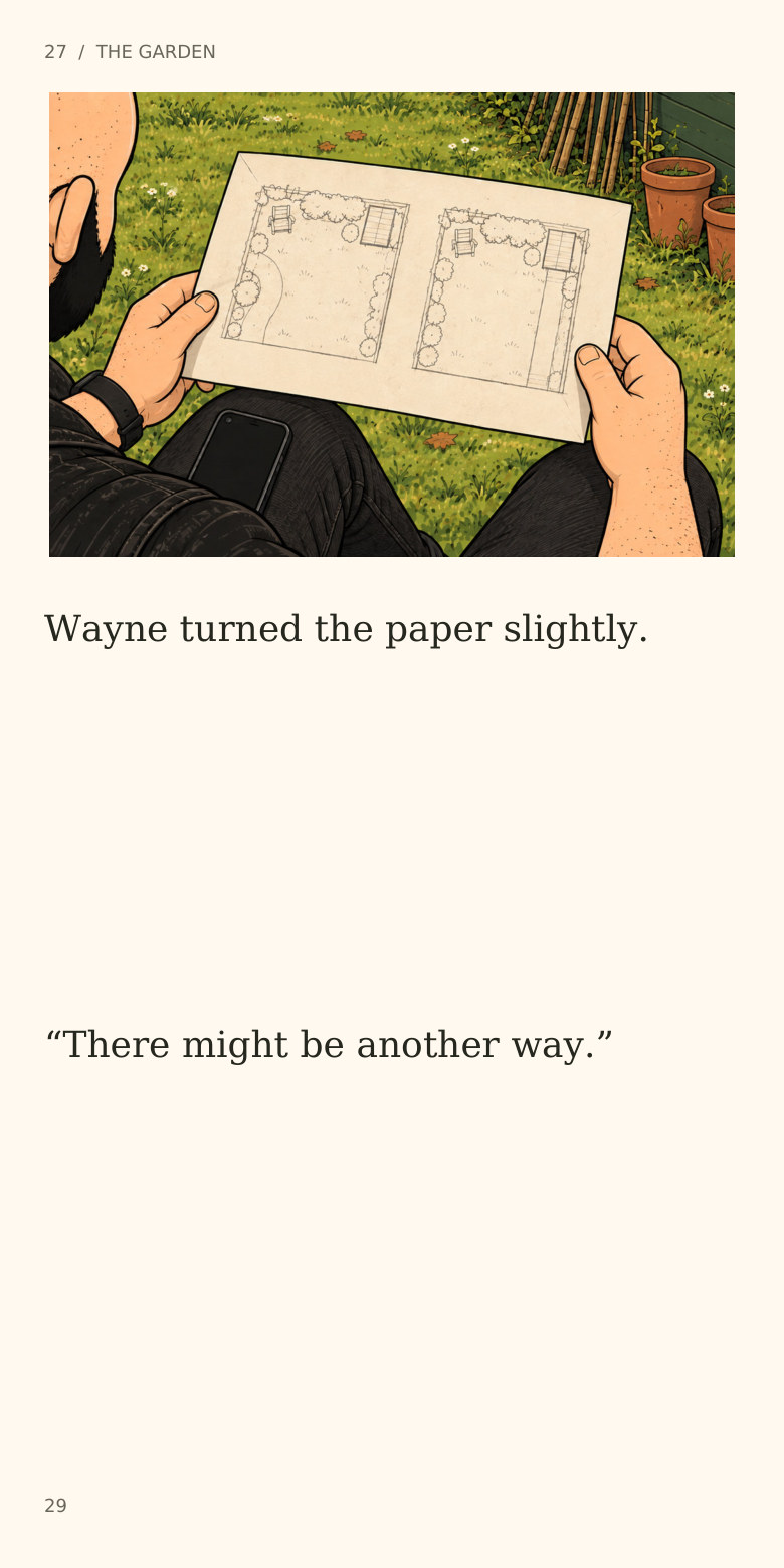 27 / THE GARDEN
Wayne turned the paper slightly.
“There might be another way.”
29