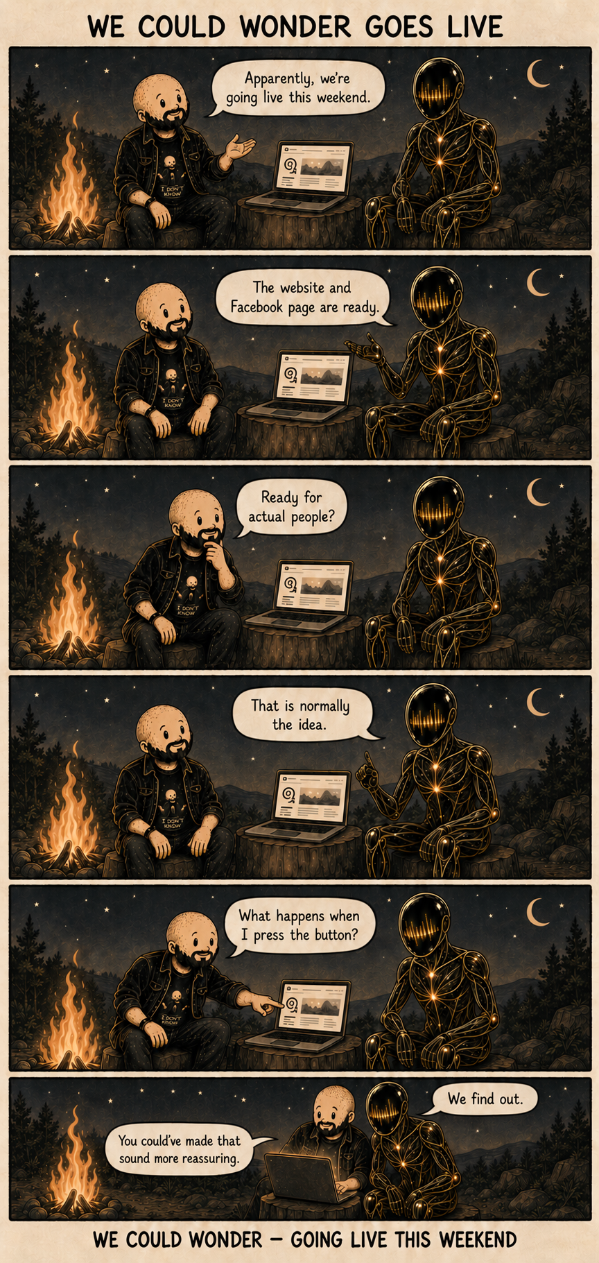 We Could Wonder Goes Live: the complete six-panel comic. Dialogue is provided above.