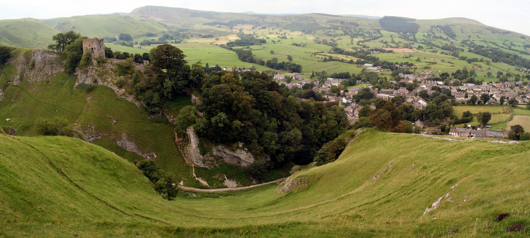 Peveril Castle above Castleton. Castle, settlement and farmland can be read together in the same view.