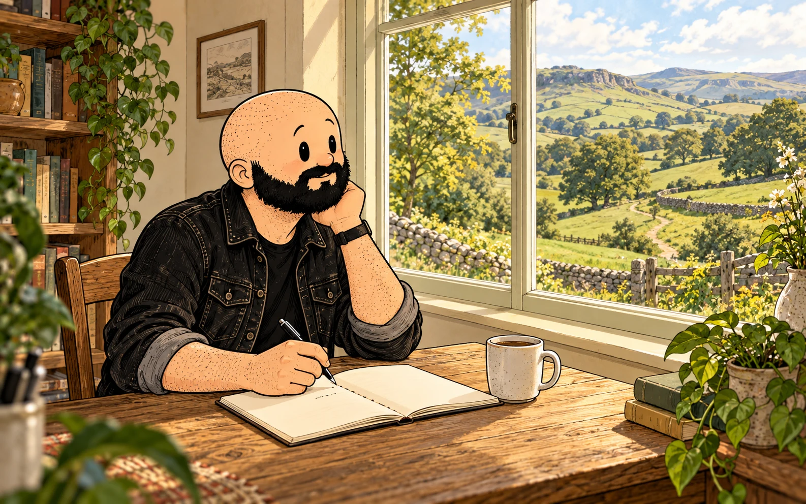 Wayne at a wooden desk, pen in hand, looking out across the countryside