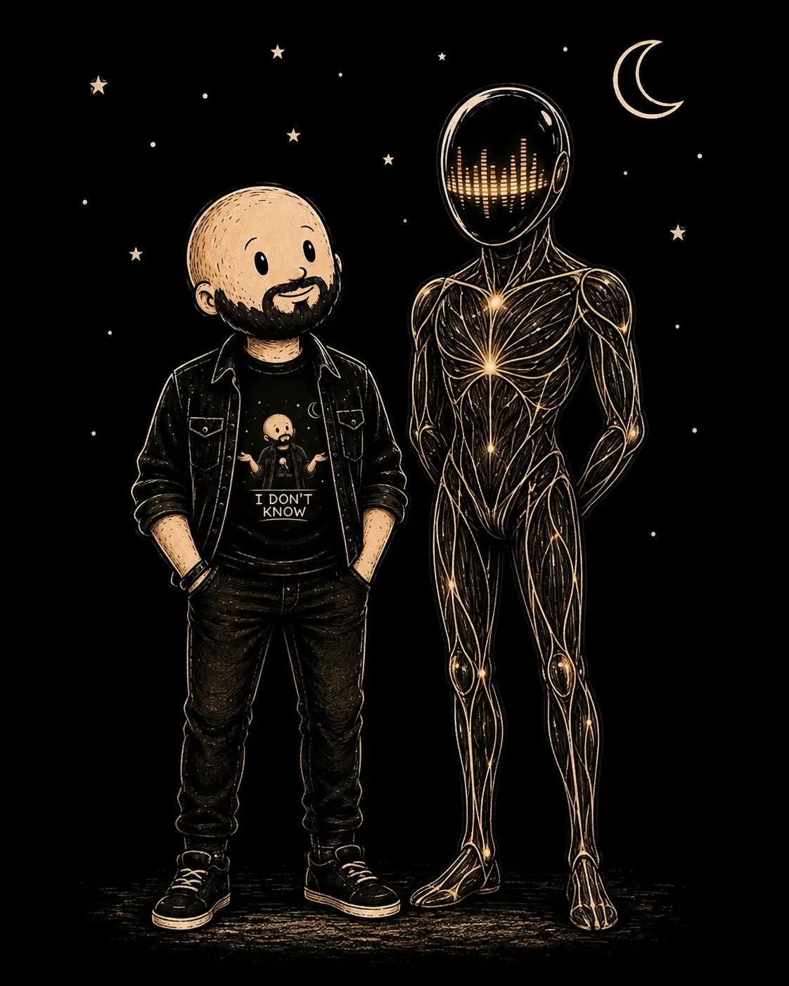 Wayne wearing his I Don't Know shirt beside Orion